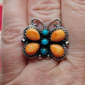 Sterling Silver Butterfly Ring w/ Orange Spiny Oyster Shell & Turquoise Size 8